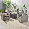 Karlee Outdoor 5 Piece Swivel Wicker Club Chair Set with cushions and Square Fire Pit Mixed Black Dark Gray Dark Gray