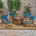 Tucson Outdoor 5 Piece Acacia Wood Chat Set with Cushions and Wood Finished Fire Pit Brown Patina Dark Teal Brown
