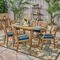 Oakley Outdoor 7 Piece Acacia Wood Dining Set with Cushions Teak Blue