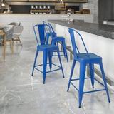 Emma + Oliver Commercial Grade 24 H Blue Metal Indoor-Outdoor Counter Height Stool w/ Back