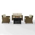 Bradenton 4Pc Outdoor Wicker Conversation Set W/Fire Table Weathered Brown/Sand - Loveseat Tucson Fire Table & 2 Arm Chairs