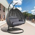 LeisureMod Rattan Wicker Double 2 Person Egg Swing Chair with Stand Blue Cushion