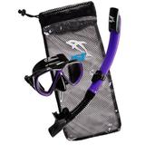 IST Compact Snorkeling Combo Set: Shatterproof Mask Semi Dry Top Snorkel & Travel Mesh Drawstring Bag (Black Silicone/Purple Small)