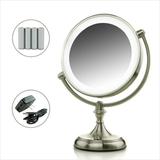 Ovente Lighted Makeup Mirror Tabletop 9.5 Inch 1X 5X Magnifier Dimmable 360 Degree Double Sided Spinning LED Acrylic Edge Battery USB Powered Vanity Skin Care Circle Large Nickel Brushed MGT95BR1X5X