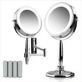 OVENTE 7 Hand Mirror 1X 8X Magnifier Tabletop & Wall Mount Three Tone LED Lights Polished Chrome MFM70CH1X8
