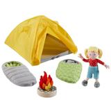 HABA Little Friends Camping Play Set - Includes Tent 2 Reversible Sleeping Bags Campfire and 4 Bendy Girl Figure