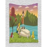 Boy Scout Tapestry Best Friends Go Camping Hiking by the Lake Having Fun Explorer Kids Joy Cartoon Wall Hanging for Bedroom Living Room Dorm Decor 60W X 80L Inches Multicolor by Ambesonne