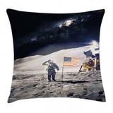 Space Throw Pillow Cushion Cover Astronaut on Moon with American Flag Invasion Rocket Cosmonaut Mission Photo Print Decorative Square Accent Pillow Case 16 X 16 Inches Taupe Blue by Ambesonne