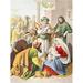Nativity Scene. The Three Wise Men With The Holy Family. One Presents A Gift To
