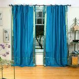 Lined-Turquoise Tie Top Sheer Sari Curtain / Drape - 43W x 108L - Pair