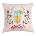 Tequila Throw Pillow Cushion Cover Image of Shot Glass with Viva Mexico Lettering and Pretty Floral Branches Artsy Decorative Square Accent Pillow Case 24 X 24 Multicolor by Ambesonne