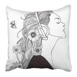 ARHOME Black Portrait Beautiful Girl with Headphones Pink Woman Music Line Female Head Teen Pillow Case Cushion Cover 16x16 inch