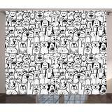 Doodle Curtains 2 Panels Set Collection of Dogs and Cats Cute Animals Fun Happy Beings Cartoon Inspired Design Window Drapes for Living Room Bedroom 108W X 63L Inches Black White by Ambesonne