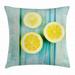 Yellow and Blue Throw Pillow Cushion Cover Juicy Lemon Slices on Old Wooden Planks Porch Summer Refreshing Image Decorative Square Accent Pillow Case 16 X 16 Inches Yellow Sky Blue by Ambesonne