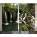 Waterfall Decor Curtains 2 Panels Set Circled Waterfalls in Crotia with a Rustic Wood Cute Bridge aside Window Drapes for Living Room Bedroom 108W X 84L Inches Green and Brown by Ambesonne