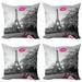 Paris Throw Pillow Cushion Case Pack of 4 Romantic Monochrome Photo of Eiffel Tower Pink Benches and a Kiss Mark Modern Accent Double-Sided Print 4 Sizes Black White Hot Pink by Ambesonne