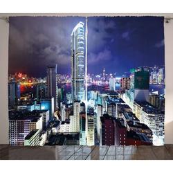 City Curtains 2 Panels Set Downtown in Hong Kong Urban View at Night High Rise Buildings Modern Business District Window Drapes for Living Room Bedroom 108W X 84L Inches Multicolor by Ambesonne