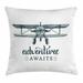 Adventure Awaits Throw Pillow Cushion Cover Vintage Airplane Logo with Freedom Message Flying Aircraft Decorative Square Accent Pillow Case 18 X 18 Inches Dark Petrol Blue White by Ambesonne