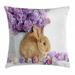 Easter Bunny Throw Pillow Cushion Cover Photo of Beautiful Rabbit with Lilac Flowers and Easter Eggs Spring Season Decorative Square Accent Pillow Case 18 X 18 Multicolor by Ambesonne