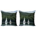 Sailboat Throw Pillow Cushion Cover Pack of 2 Sailboats on a Lake Forest Hill Yachting Countryside Coastline Nature Scenics Zippered Double-Side Digital Print 4 Sizes Green White by Ambesonne