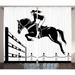 Cartoon Curtains 2 Panels Set Racing Horse with a Jockey Girl Jumping Above Barrier Barn Farming Image Print Window Drapes for Living Room Bedroom 108W X 96L Inches Black and White by Ambesonne