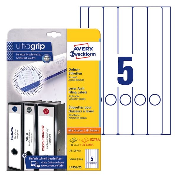 Avery Zweckform 20% AKTION: Selbstklebende Ordnerrücken-Etiketten weiß, 5 cm Image