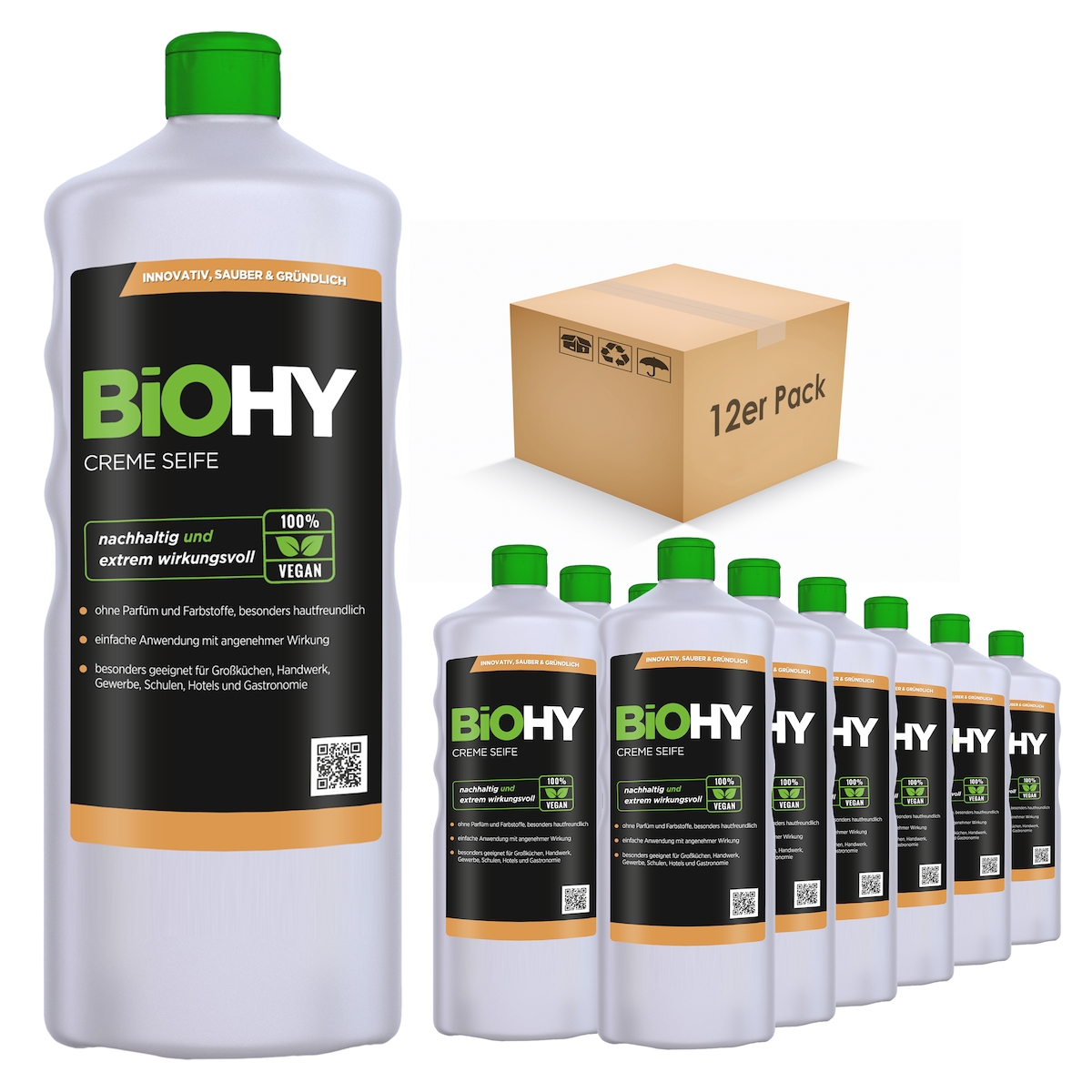 BiOHY Creme Seife (12x1l Flasche) | Hautschonende, rückfettende und geruchsneutrale Handseife PHOSPHATFREI | Ohne Parfüm und Farbstoffe Image