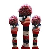 USA Majek Golf Driver 1 3 X Fairway Woods Headcovers Pom Pom Knit Limited Edition Vintage Classic Traditional Flag Stars Red White Blue Stripes Retro Head Cover Fits 460cc Drivers and 260cc Woods