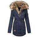 Women's Padded Puffer Parka Jacket with Faux Fur Collar, Winter Warm Thick Fleece Lined Military Quilted Hooded Long Jacket with Hood Bubble Coat Overcoat Windbreaker Outwear Oversized Cardigans Navy