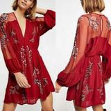 Free People Dresses | Free People Bonjour Embroidered Mini Dress In Red | Color: Black/Red | Size: Xs