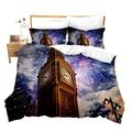 Loussiesd London Theme Comforter Cover Set Double Size for Girls Big Ben Print Duvet Cover Set Decorative Cityscape Bedding Set Digital Print Fireworks Bedspread Cover Microfiber Zipper&Ties Soft