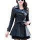 YAOTT Women Mid-Length Winter Coat Long Faux Leather Jacket Slim Fleece Lined Lapel PU Leather Trench Coat with Belt Black XXL