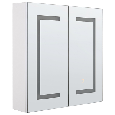 Bad Spiegelschrank Weiß Sperrholzplatte 2 türig 60 x 60 cm mit LED-Licht Fächern Wandeinbau Modern Trendy Badezimmer Möb