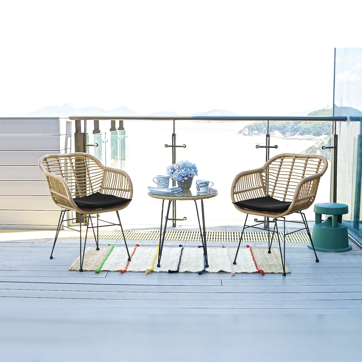 Möbilia Garten Sitzgruppe 5-tlg aus Polyrattan | 2 Stühle inkl. Sitzkissen | Tisch B 52 x T 52 x H 54 cm | natur-schwarz | 10020005 | Serie GARTEN Image