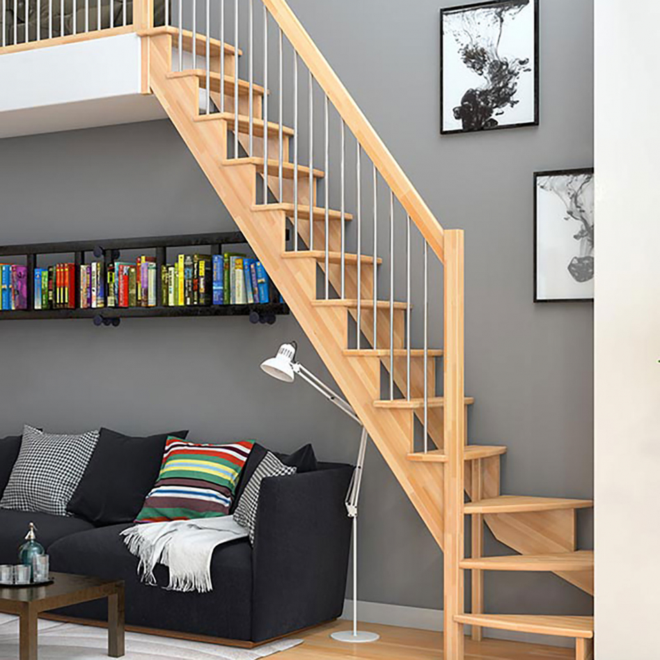 DOLLE Raumspartreppe Wangentreppe Lyon, 65 cm, 1/4 gewendelt,Buche,Metallstäbe links,unbehandelt Image