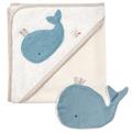 Fehn 056426 Bath Set Whale FehnNATUR – Hooded Towel and Face Cloth Made from 100% Organic Cotton – for Babies and Toddlers from 0+ Months – Size: 70 x 70 cm, 26 cm