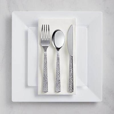 Visions 120 Settings of Silver White Florence Plastic Dinnerware and Hammered Flatware - 120/Case