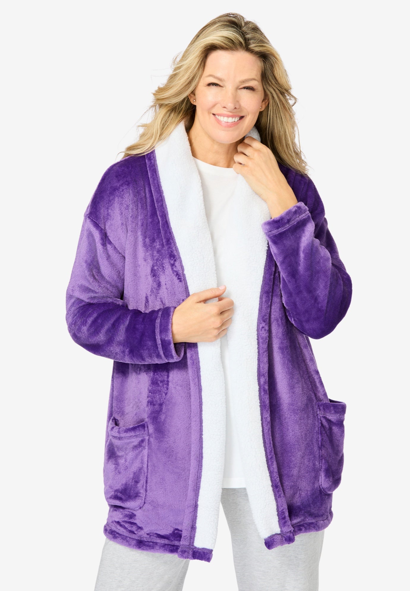 Plus Size Women's Sherpa Lined Collar Microfleece Bed Jacket by Dreams & Co. in Plum Burst (Size 5X) Robe
