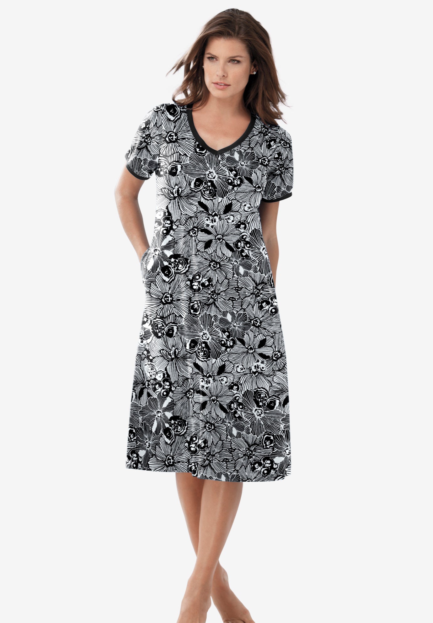 Plus Size Women's Short T-Shirt Lounger by Dreams & Co. in Black White Flower (Size 6X)