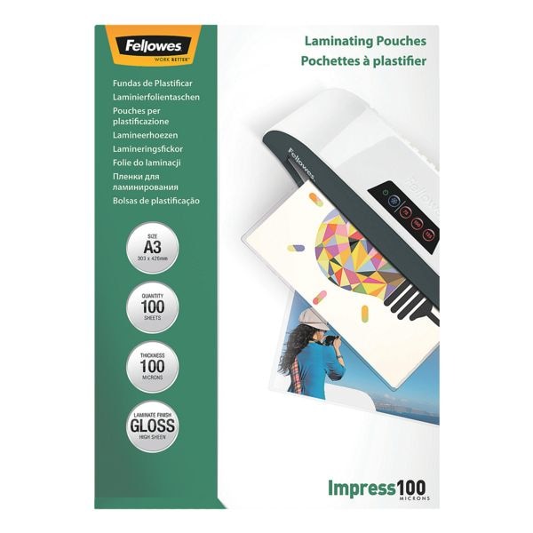 Fellowes Laminierfolien glänzend A3, 100 Stück transparent, 29.7x42 cm Image