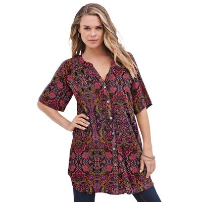 Plus Size Women's Short-Sleeve Angelina Tunic by Roaman's in Multi Mirrored Medallion (Size 30 W) Long Button Front Shirt