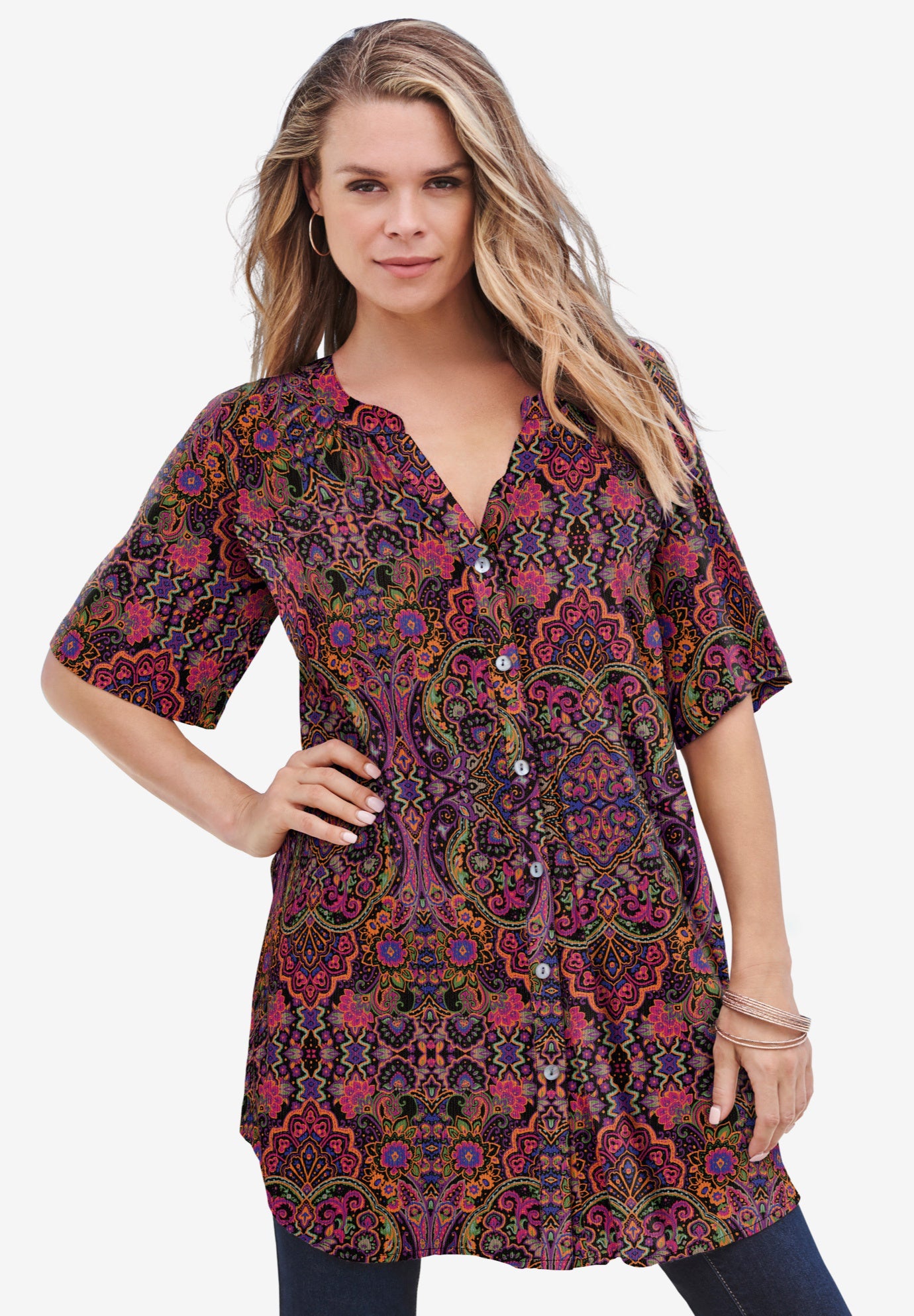 Plus Size Women's Plus Size Angelina Tunic Top - Short Sleeve, Flowy Fit, Everyday Comfort by Roaman's in Multi Mirrored Medallion (Size 32 W) Long B