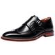 Mens Double Monk Shoes Leather Classic Buckle Strap Slip On Wingtip Brogue Formal Wedding Casual Dress Loafers Black 8.5 UK