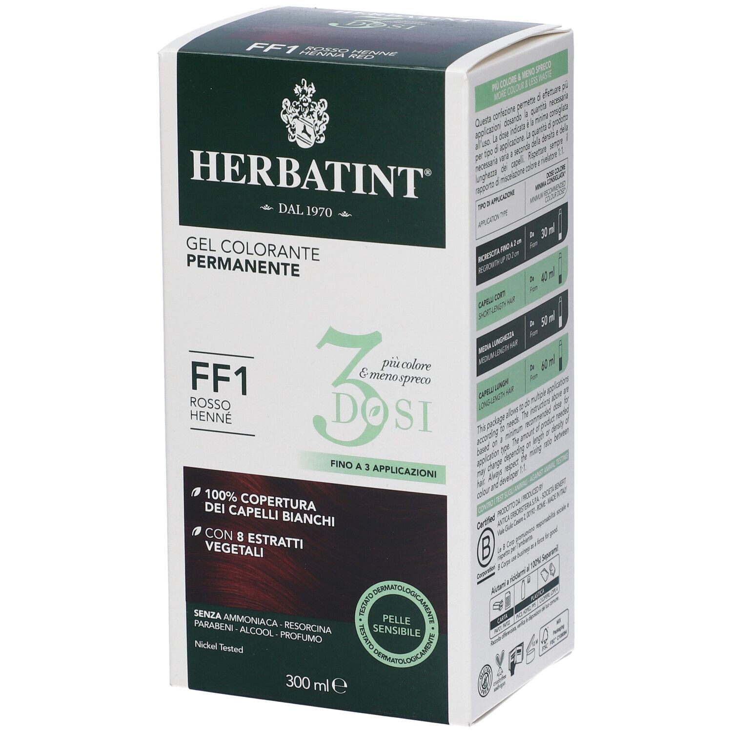 Herbatint Gel Colorante Permanente per Capelli 3 Dosi Rosso Henne 300