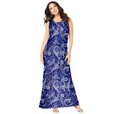 Plus Size Women's Ultrasmooth® Fabric Print Maxi Dress by Roaman's in Navy Folklore Paisley (Size 26/28) Stretch Jersey Long Length Printed