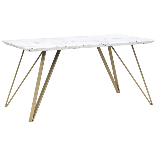 Esstisch Weiß und Gold 150 x 80 cm MDF Tischplatte Marmor Optik Matt mit Metallbeinen Rechteckig Modern Glamour Esszimmer Küche Wohnküche