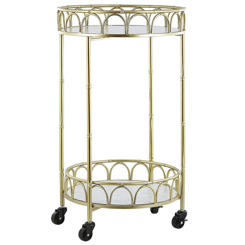 Servierwagen Gold Metall rund mit Rollen Marmor Optik Glamour Stil Küche Wohnzimmer Salon Möbel