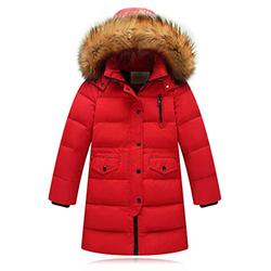 Vinnykud Unisex Children's Down Coat Long Down Hooded Jacket with Large Fur Collar Kids Jacket Parka Outerwear Red
