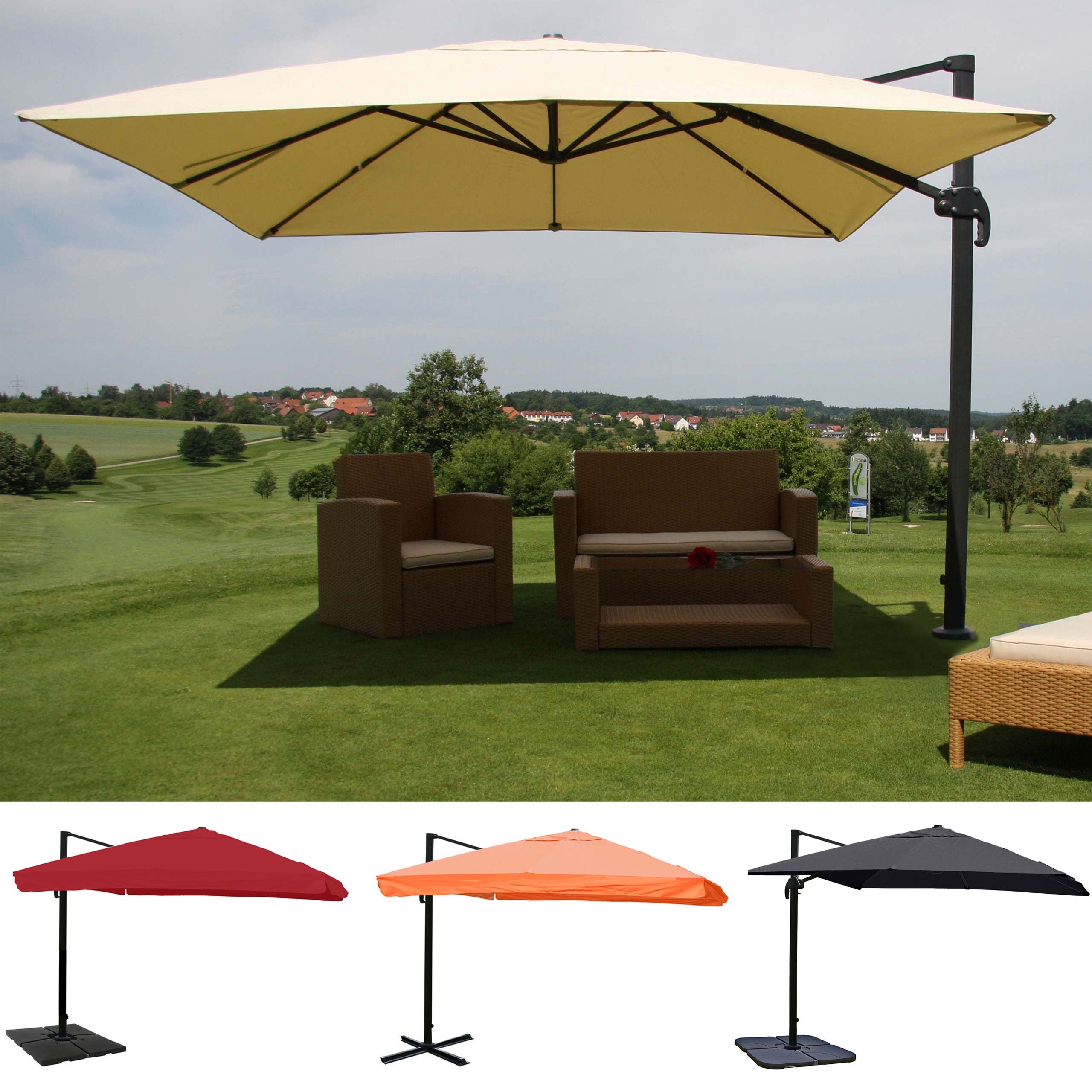 Gastronomie-Ampelschirm HWC-A96, 3,5x3,5m (Ø4,95m) Polyester/Alu 25kg ~ creme mit Ständer Image