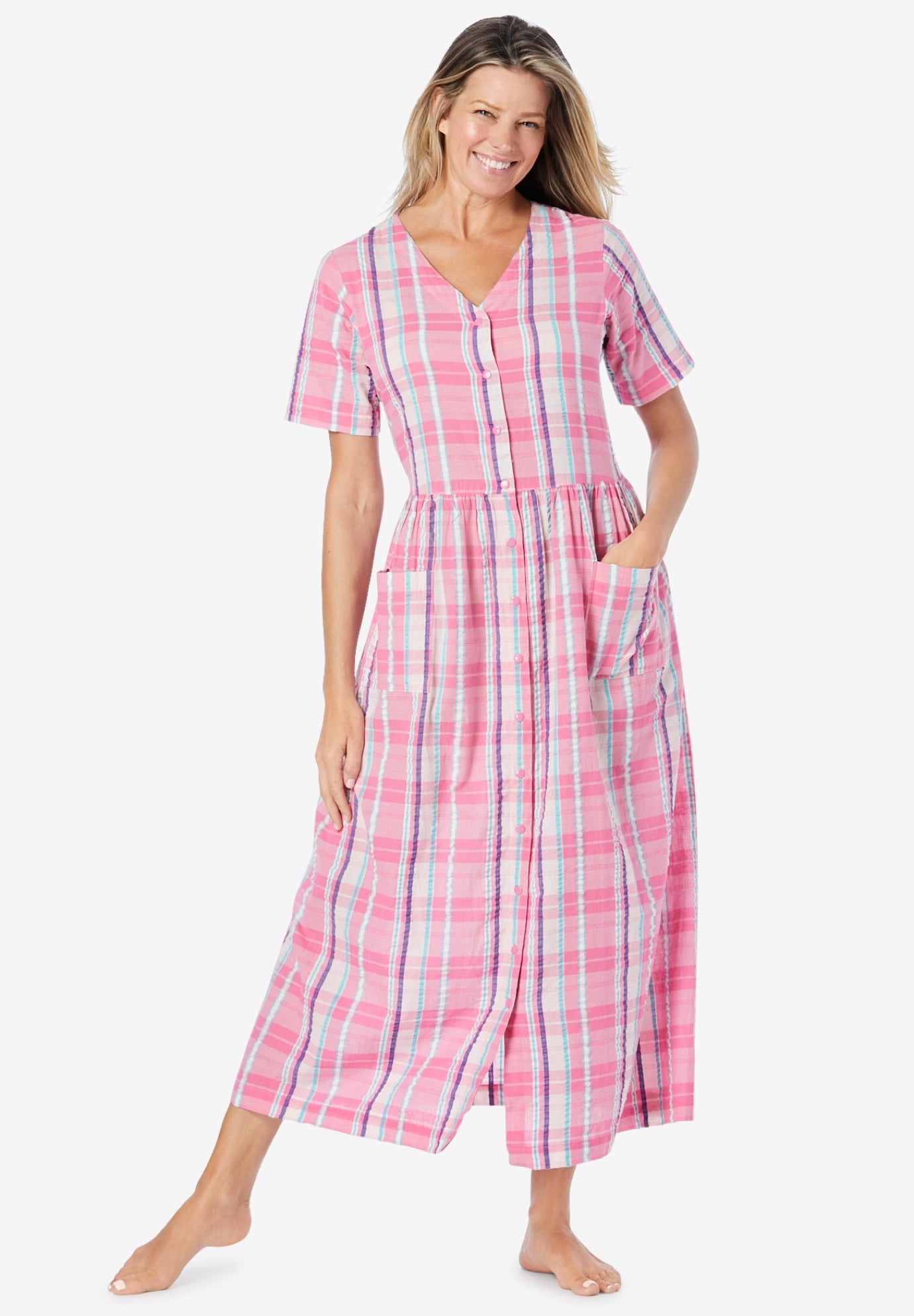 Plus Size Women's Long Seersucker Lounger by Only Necessities in Peony Petal Plaid (Size 3X)